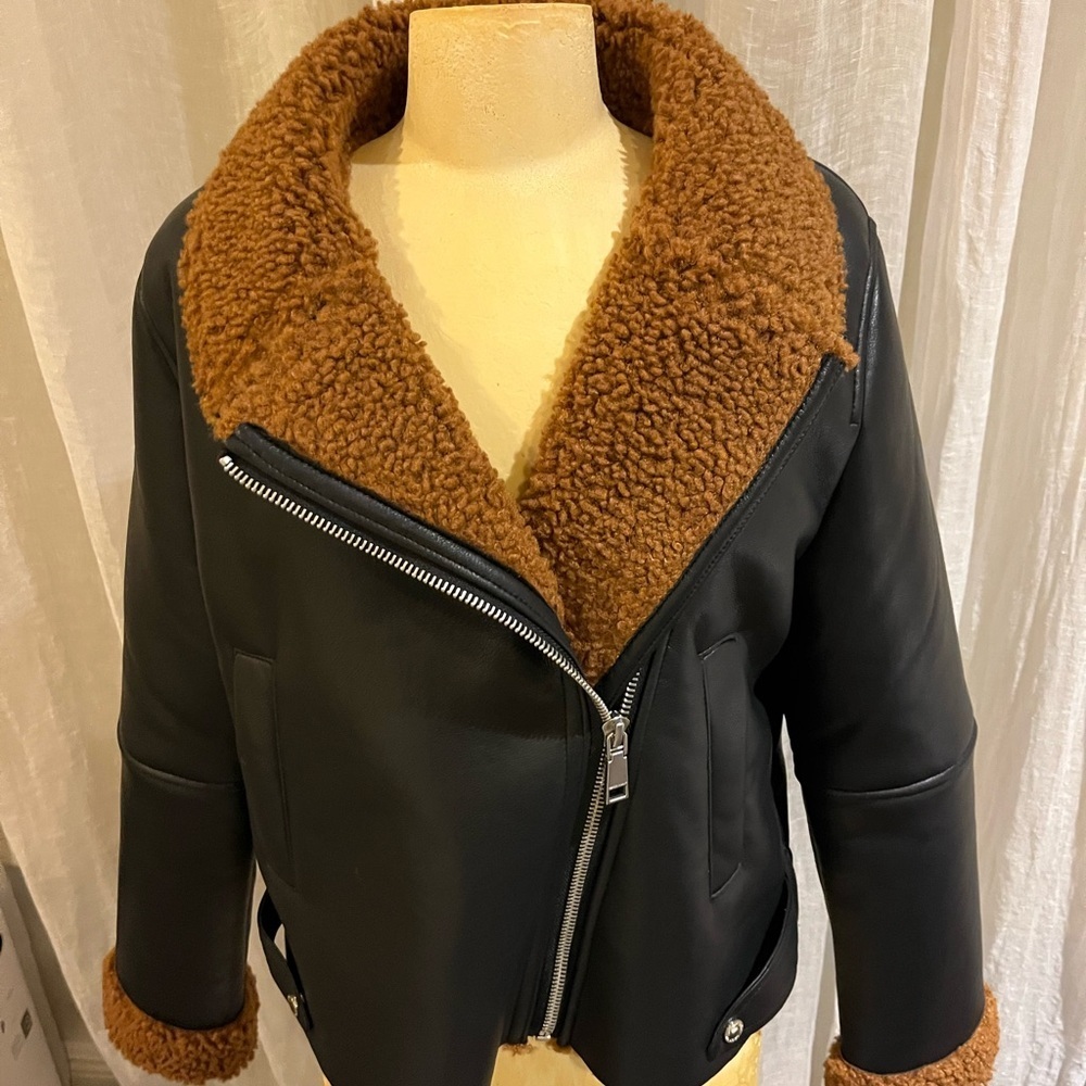NWT Rebecca Minkoff Black Biker Jacket Brown Sherpa Lining Vegan Leather $295